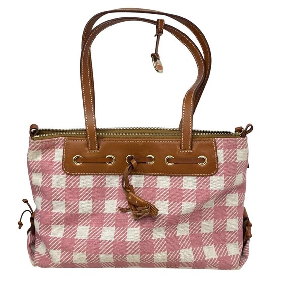Dooney & Bourke Pink & Beige Checkered Canvas Tote Bag With Leather‎ Accents - Picture 2 of 15